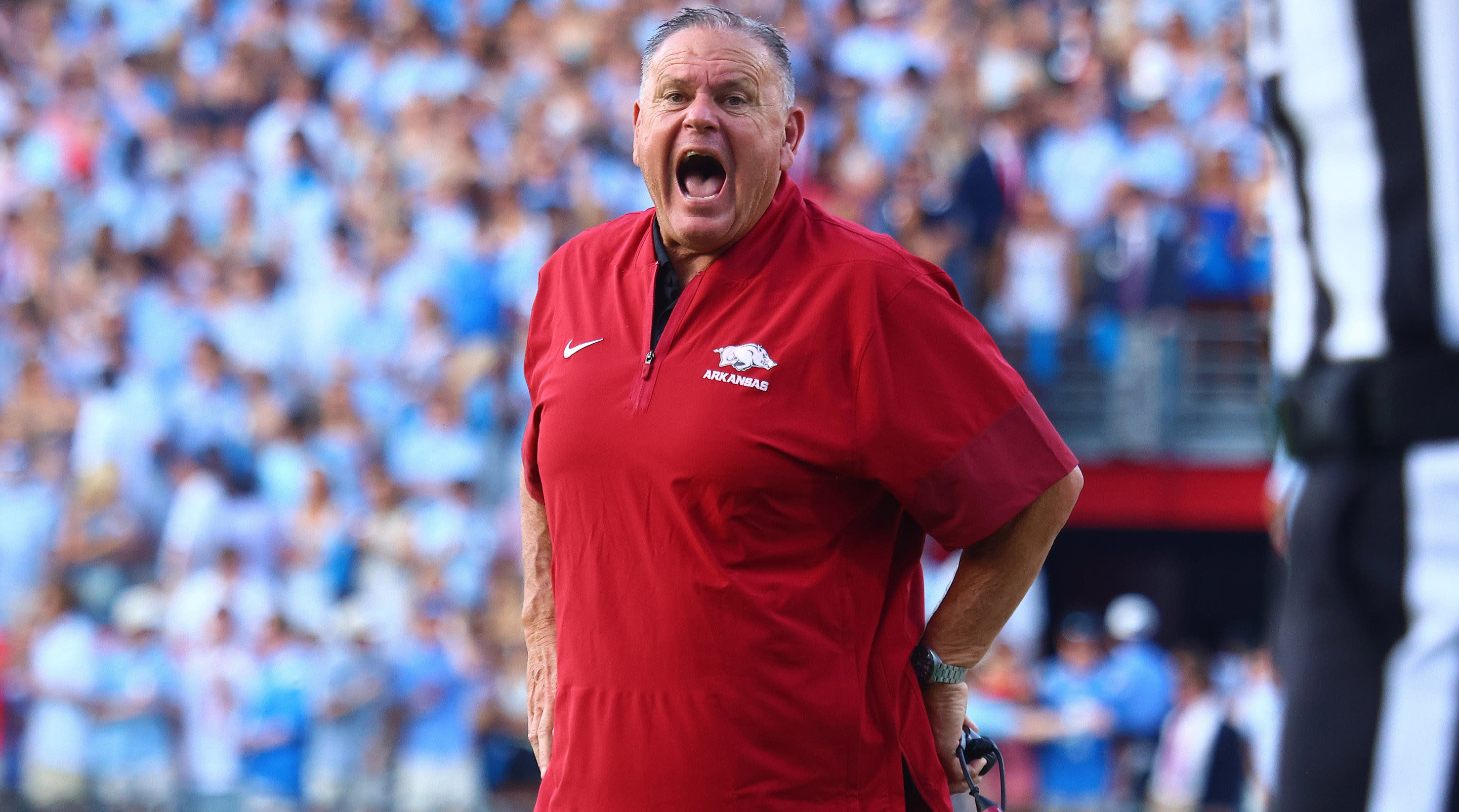 Sep 13, 2025; Oxford, Mississippi, USA; Arkansas Razorback head coach Sam Pittman reacts during the first quarter  at Vaught-Hemingway Stadium. Mandatory Credit: Petre Thomas-Imagn Images
