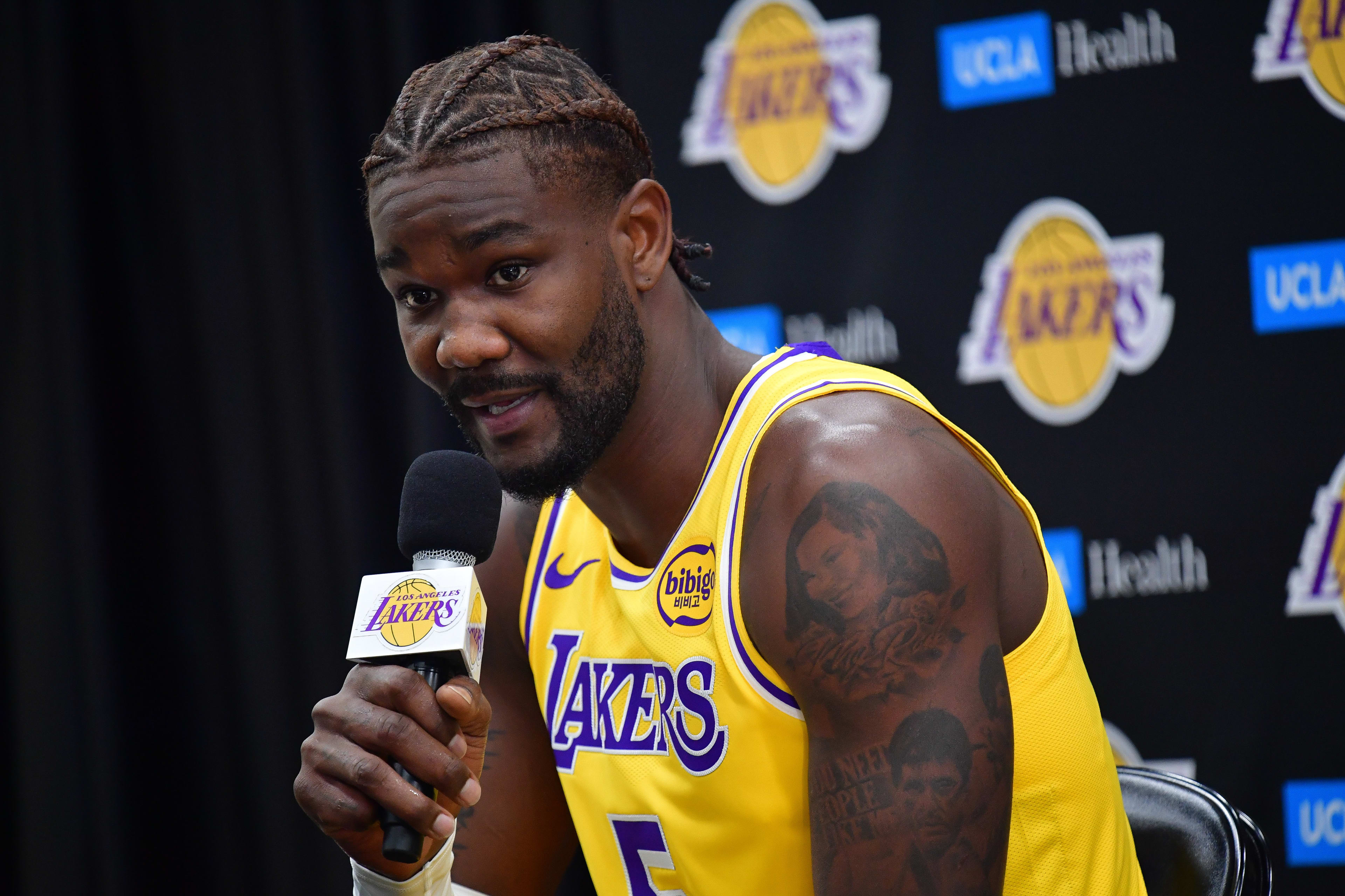 Sep 29, 2025; Los Angeles, CA, USA; Los Angeles Lakers center Deandre Ayton (5) during media day at UCLA Health Training Center. Mandatory Credit: Gary A. Vasquez-Imagn Images
