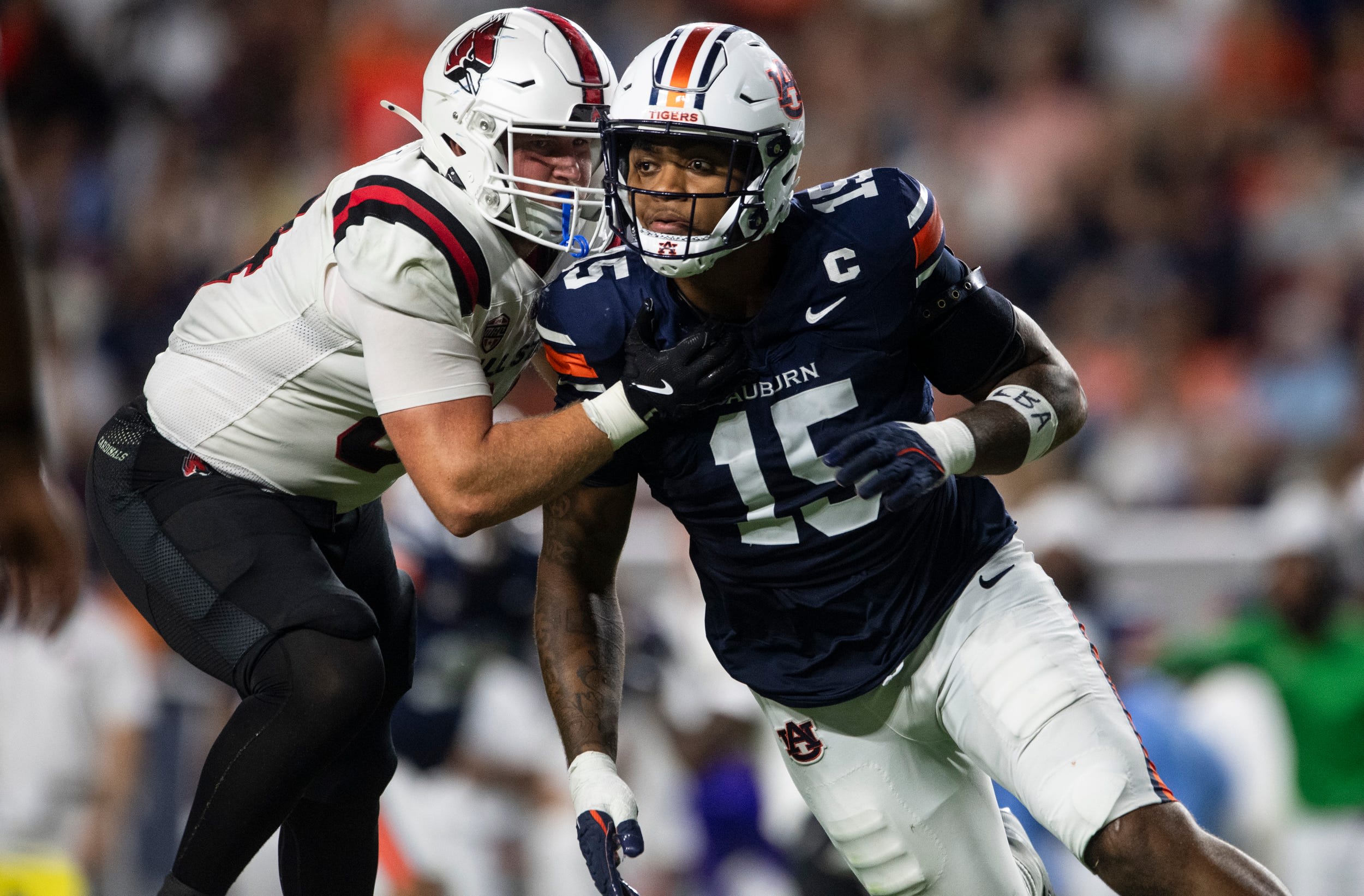 Auburn Tigers defensive end Keldric Faulk in September 2025