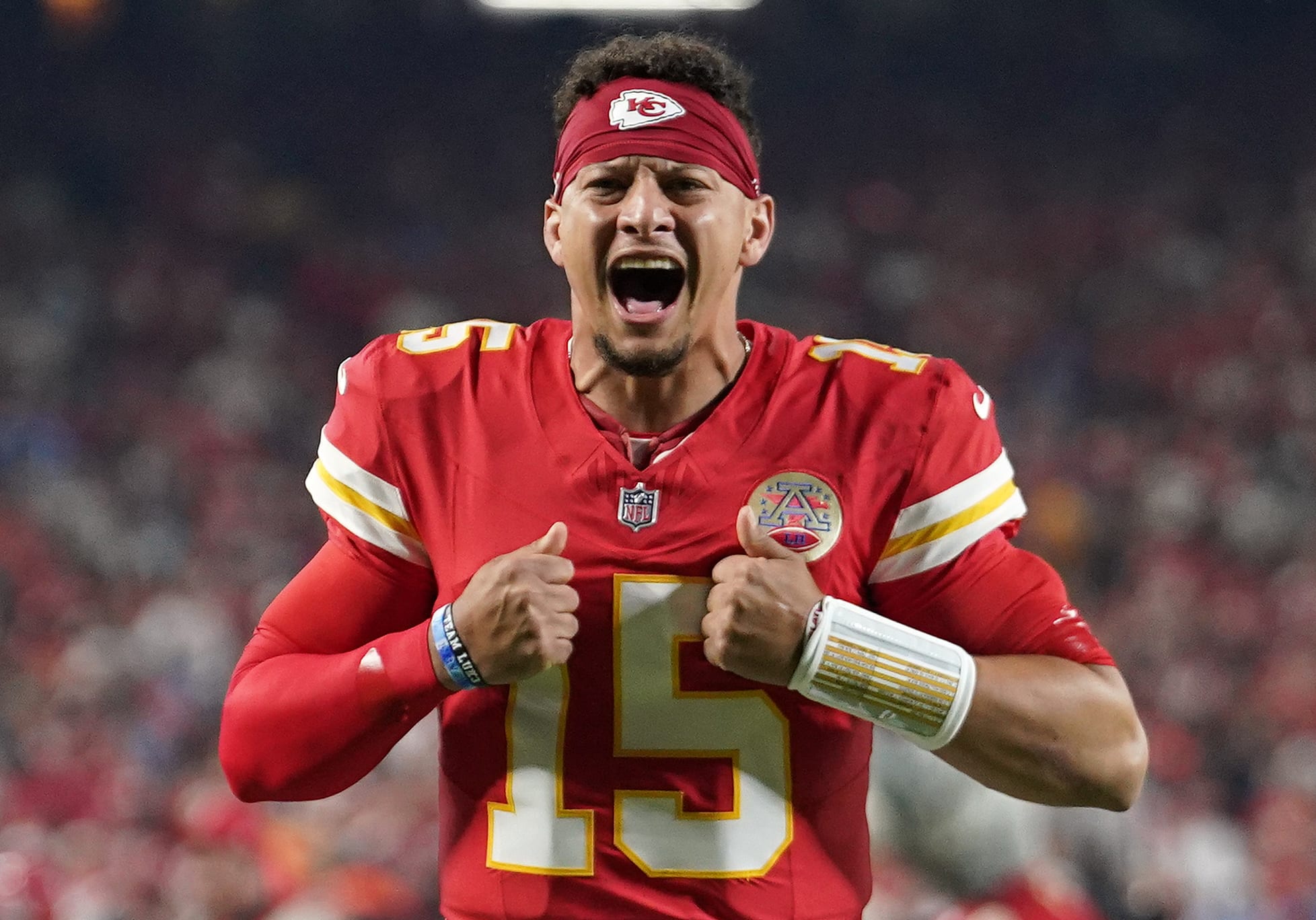 Kansas City Chiefs quarterback Patrick Mahomes (15) reacts during a game.
