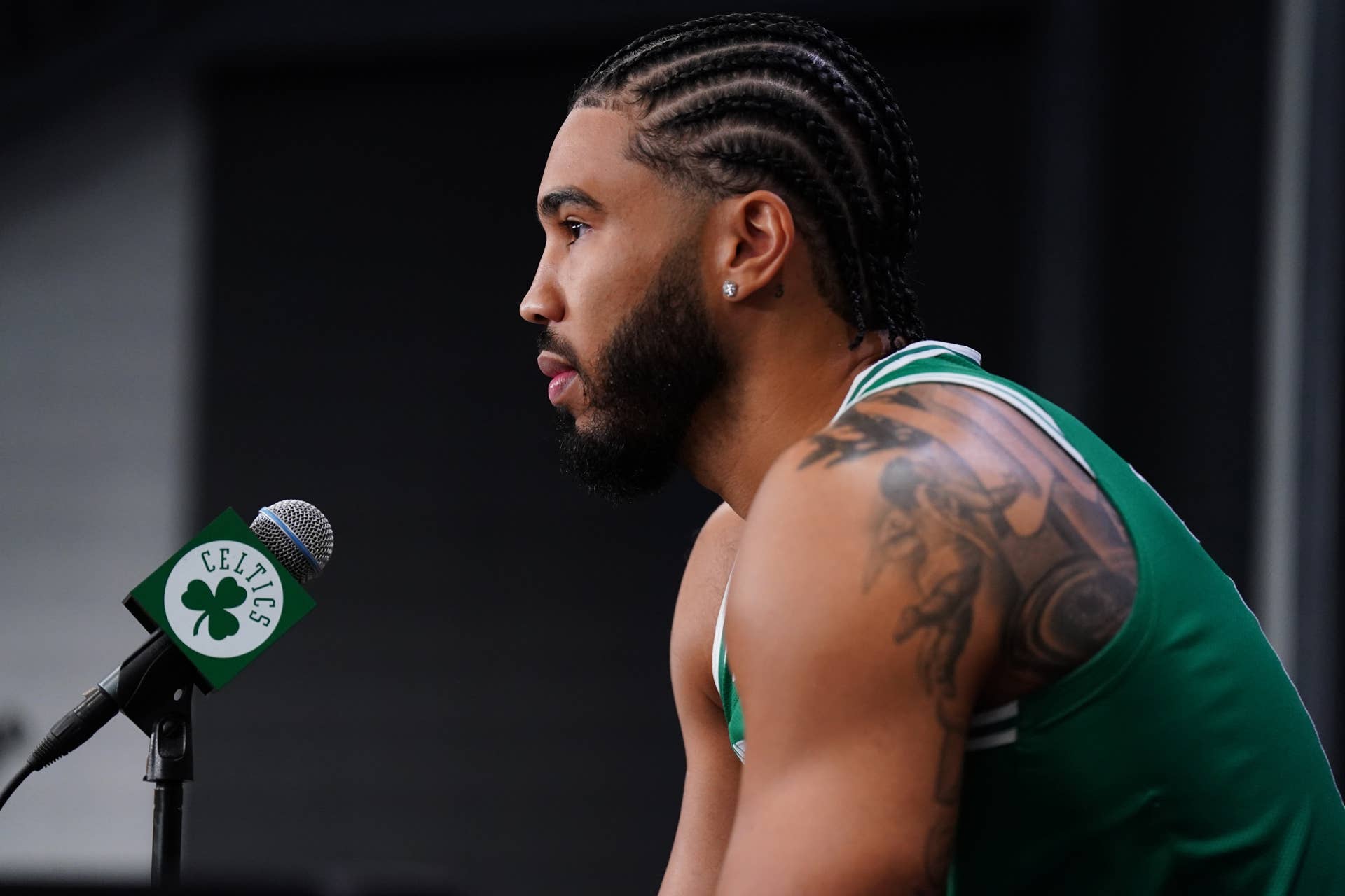 Boston Celtics forward Jayson Tatum speaks with reporters during media day at the Auerbach Center on Sept. 29, 2025.