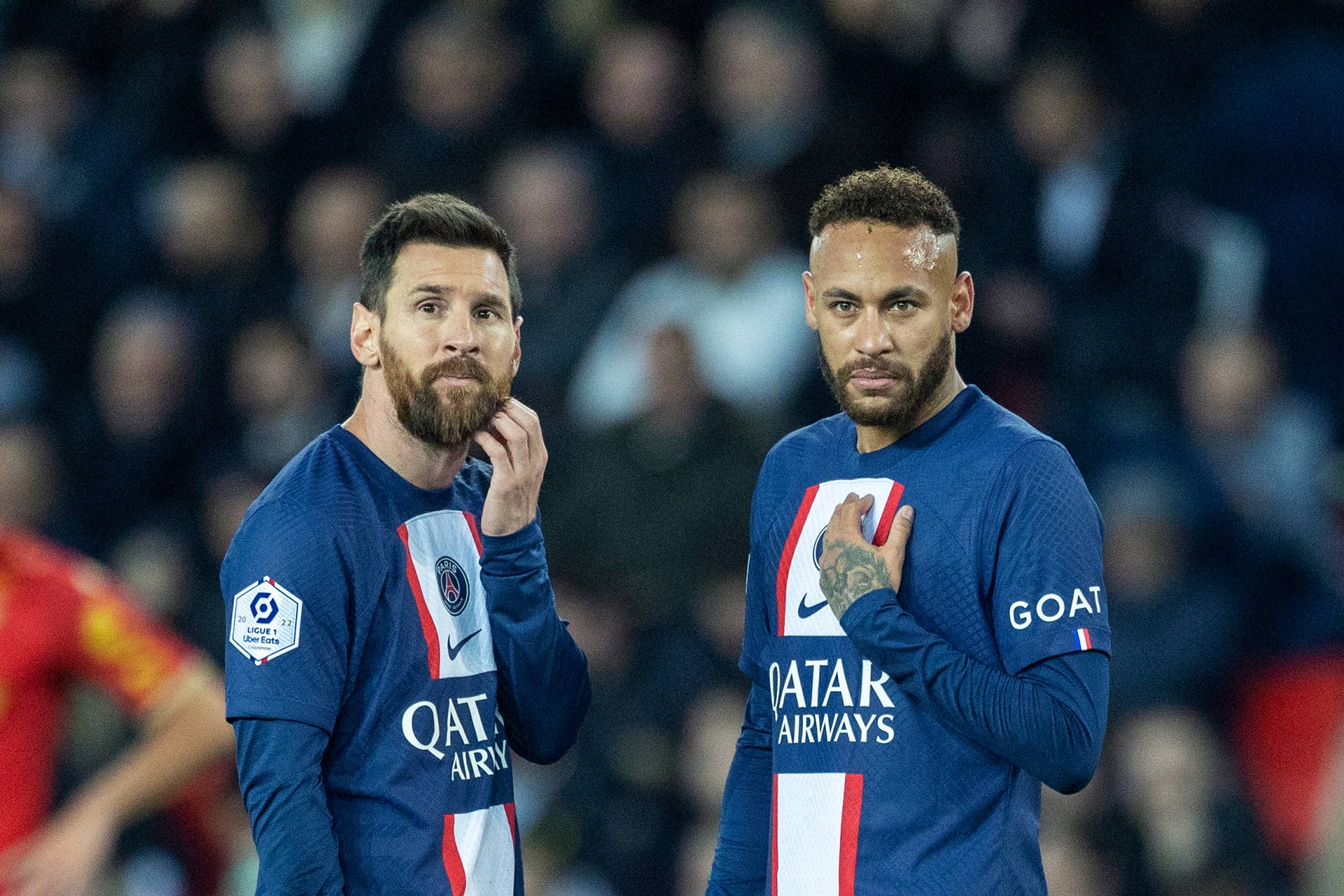 Lionel Messi #30 of Paris Saint-Germain and Neymar #10 of Paris Saint-Germain prepare to take a free kick during the Paris Saint-Germain V Angers, French Ligue 1 regular season match at Parc des Princes on January 11th 2023 in Paris, France (Photo by Tim Clayton/Corbis via Getty Images)
