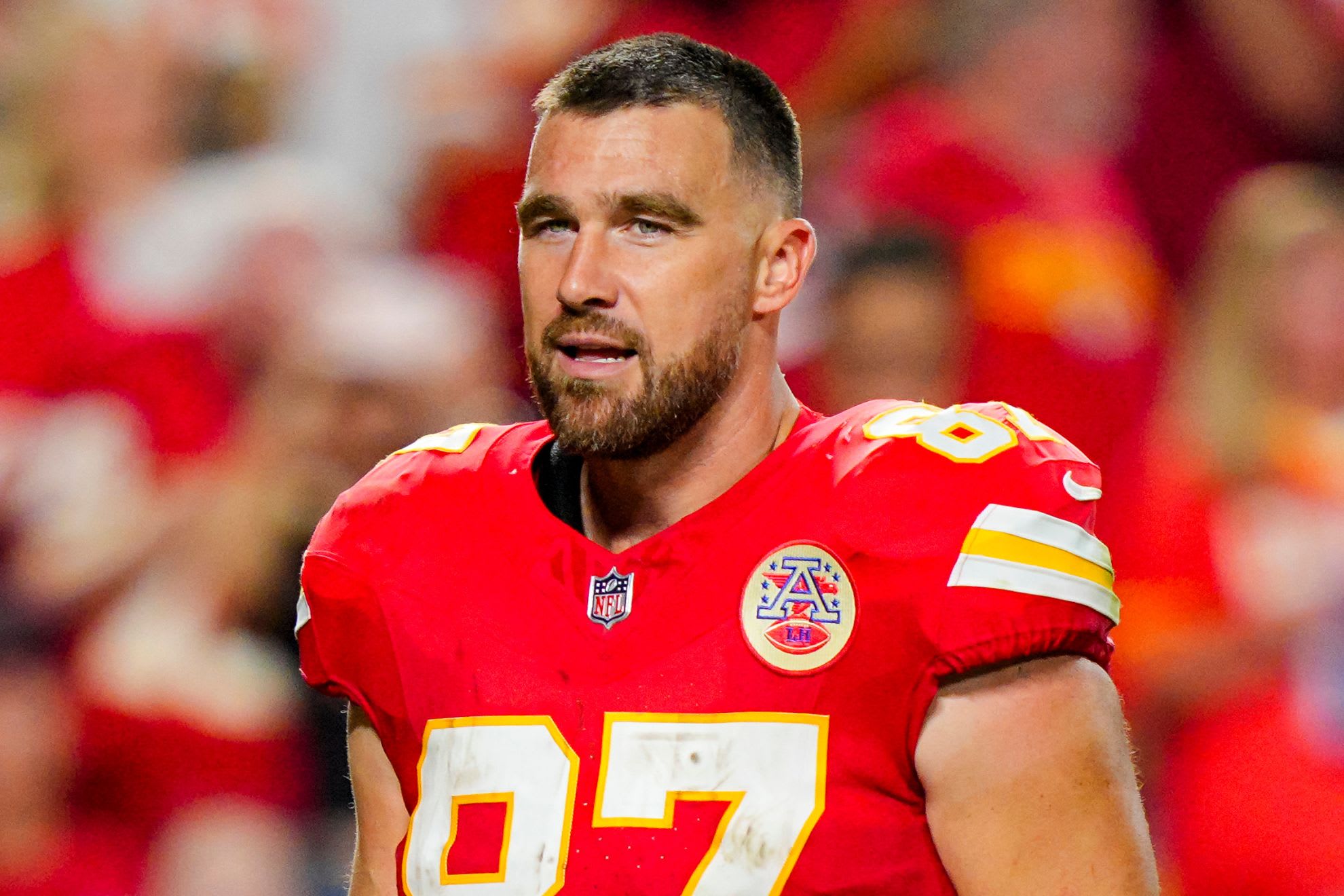 Kansas City Chiefs tight end Travis Kelce (87) during the second half against the Detroit Lions at GEHA Field at Arrowhead Stadium.
