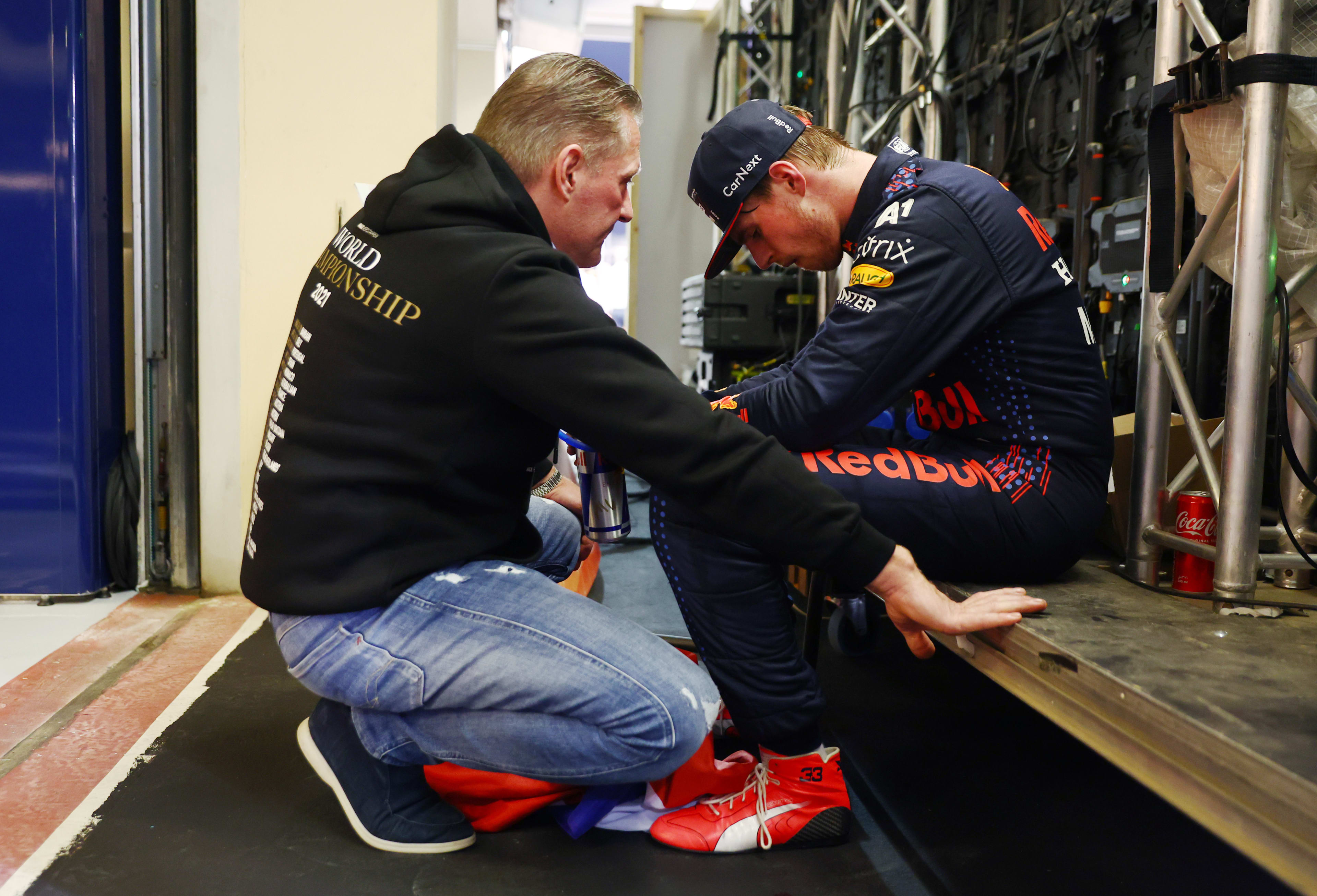 Max Verstappen with his father Jos Verstappen after winning the 2021 title.