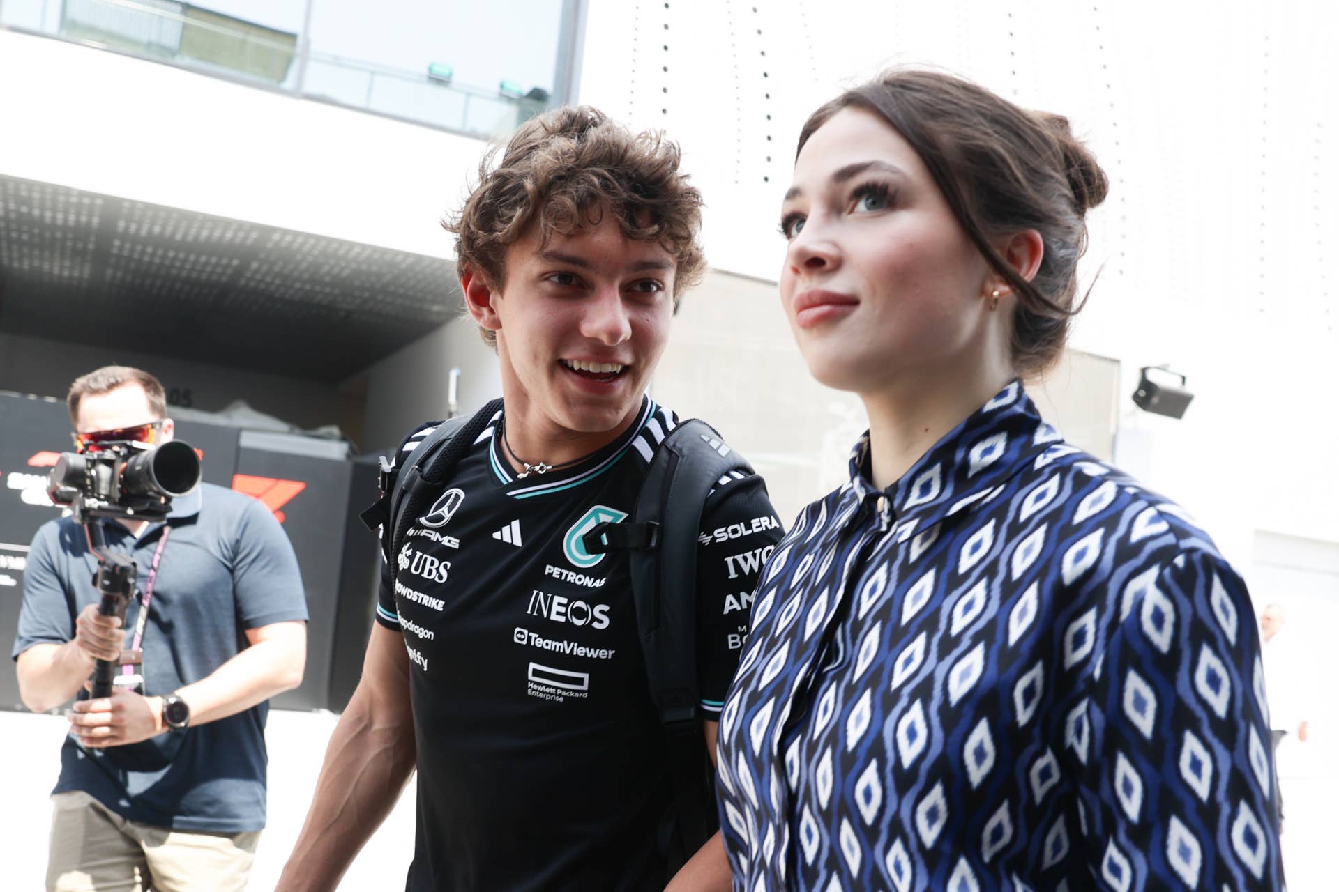 Andrea Kimi Antonelli and Eli Babickova before third practice ahead of the 2025 Formula 1 Saudi Arabian Grand Prix.