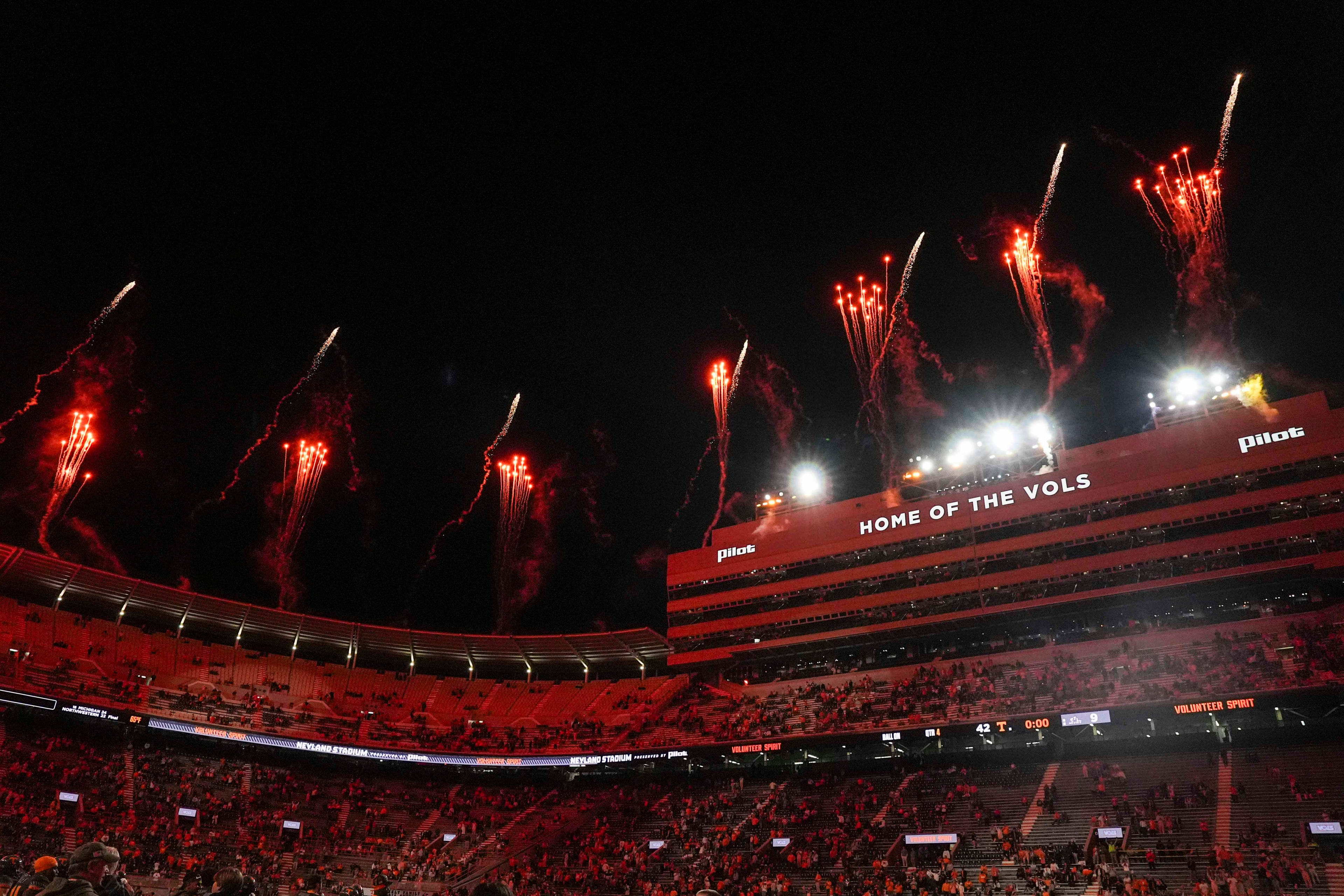 Postgame fireworks erupt over Neyland Stadium after the Tennessee Volunteers beat the New Mexico State Aggies on Nov. 15, 2025.