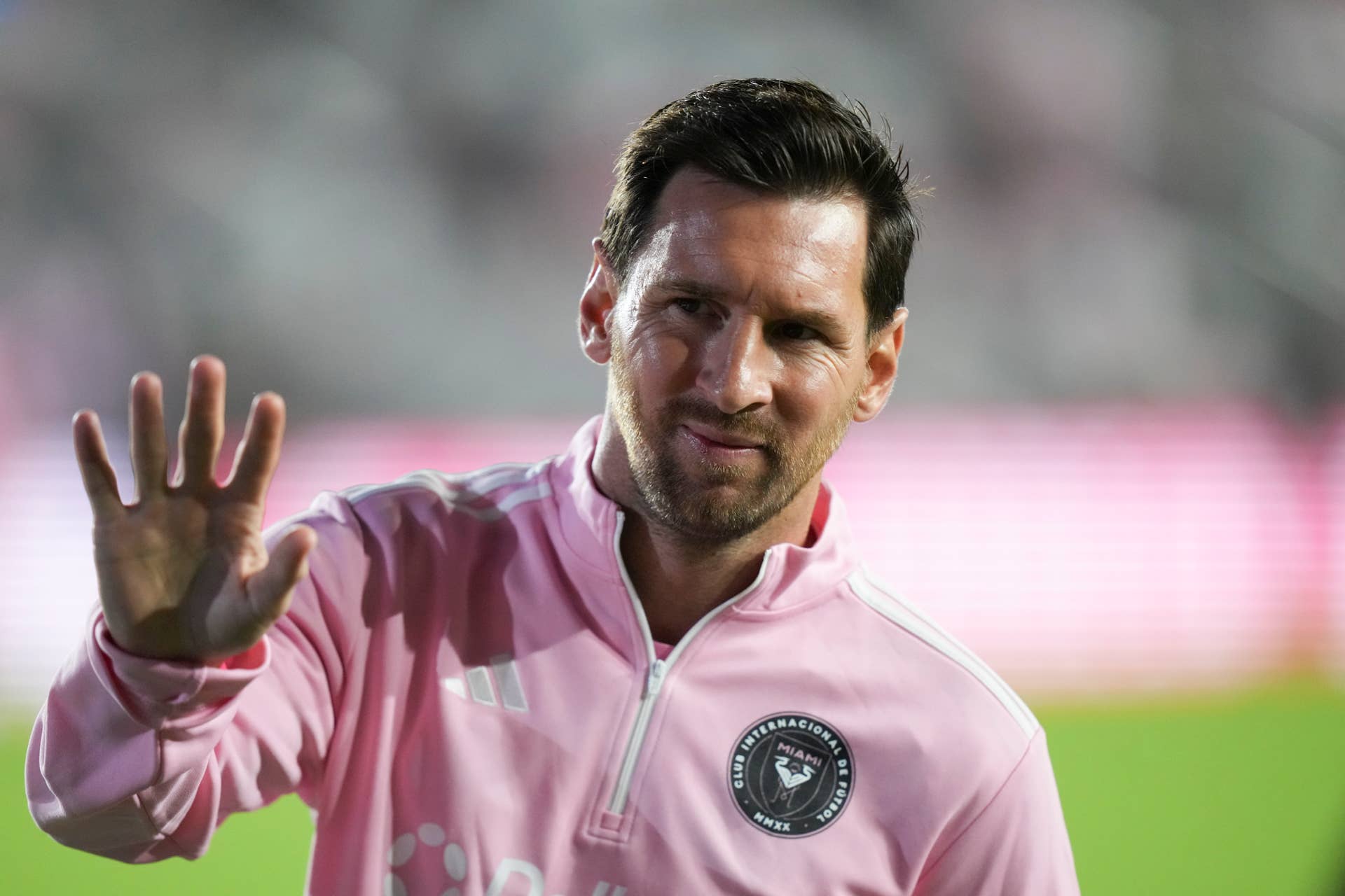 Inter Miami forward Lionel Messi (10) waves to fans before the MLS Eastern Conference finals between New York FC and Inter Miami CF on Saturday, November 29, 2025 at Chase Stadium in Fort Lauderdale, FL.