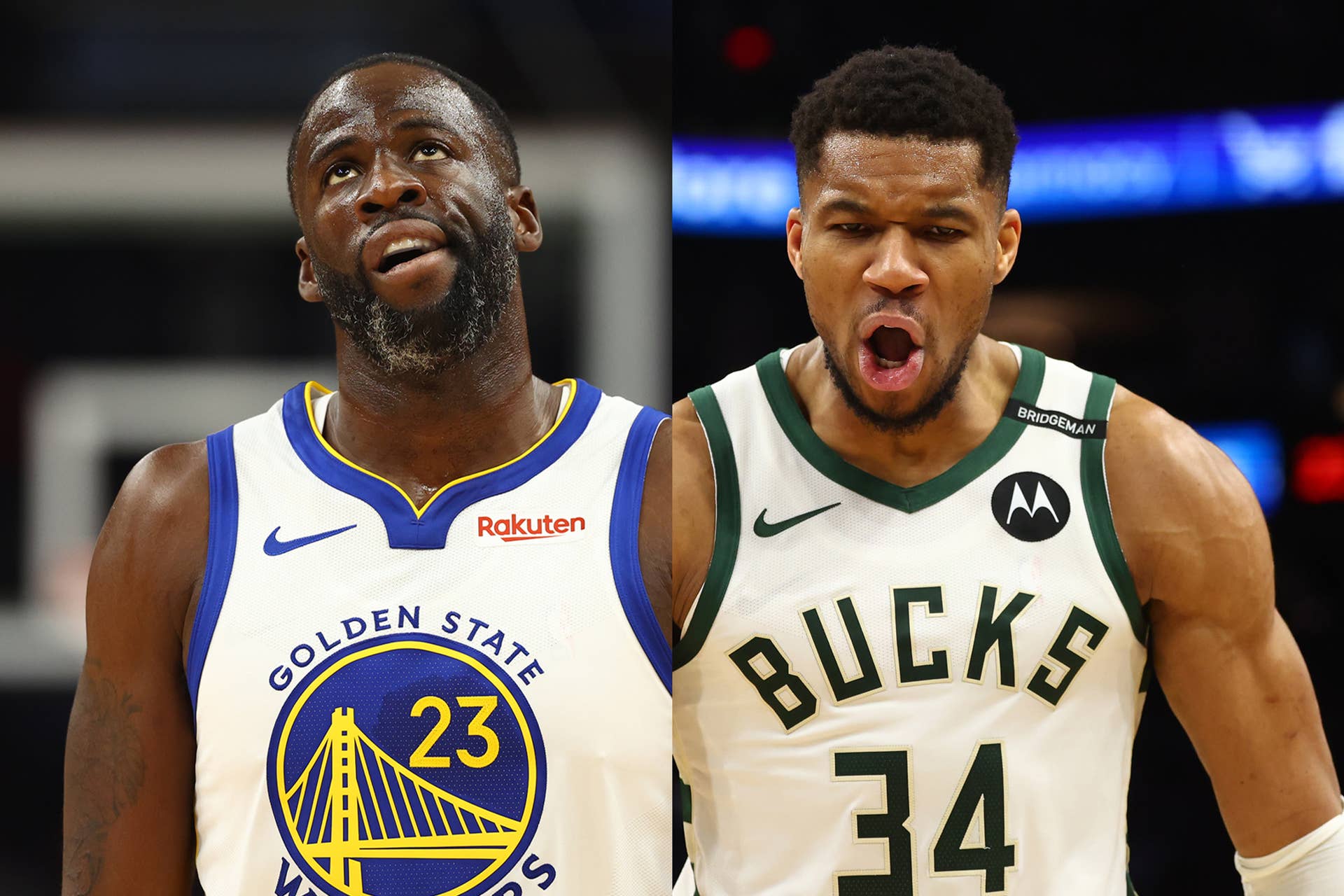 Golden State Warriors forward Draymond Green (23) and Milwaukee Bucks forward Giannis Antetokounmpo (34)