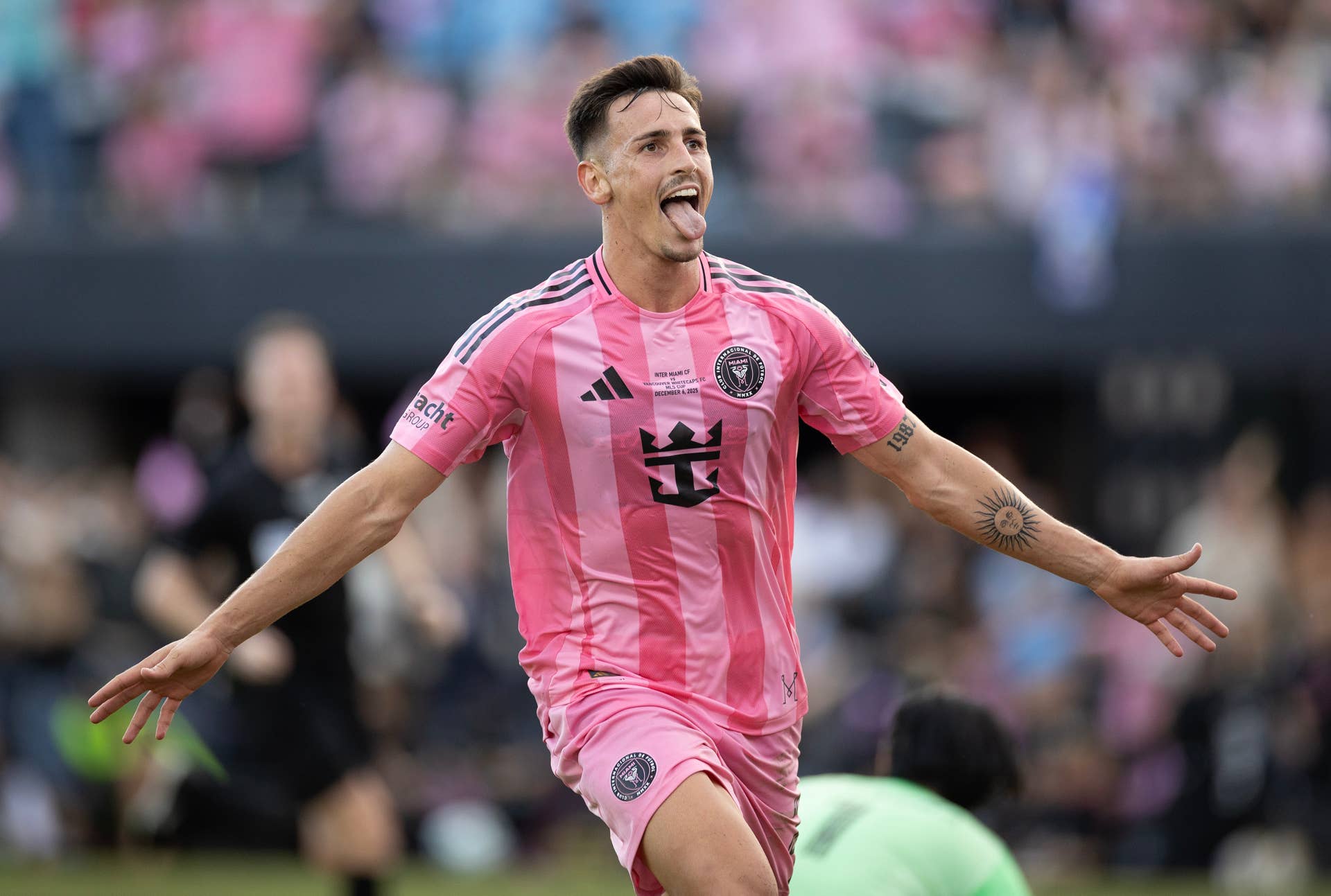 Tadeo Allende #21 of Inter Miami CF celebrates after scoring a goal during the game against Vancouver Whitecaps FC at Chase Stadium on December 6, 2025, in Fort Lauderdale, Florida.