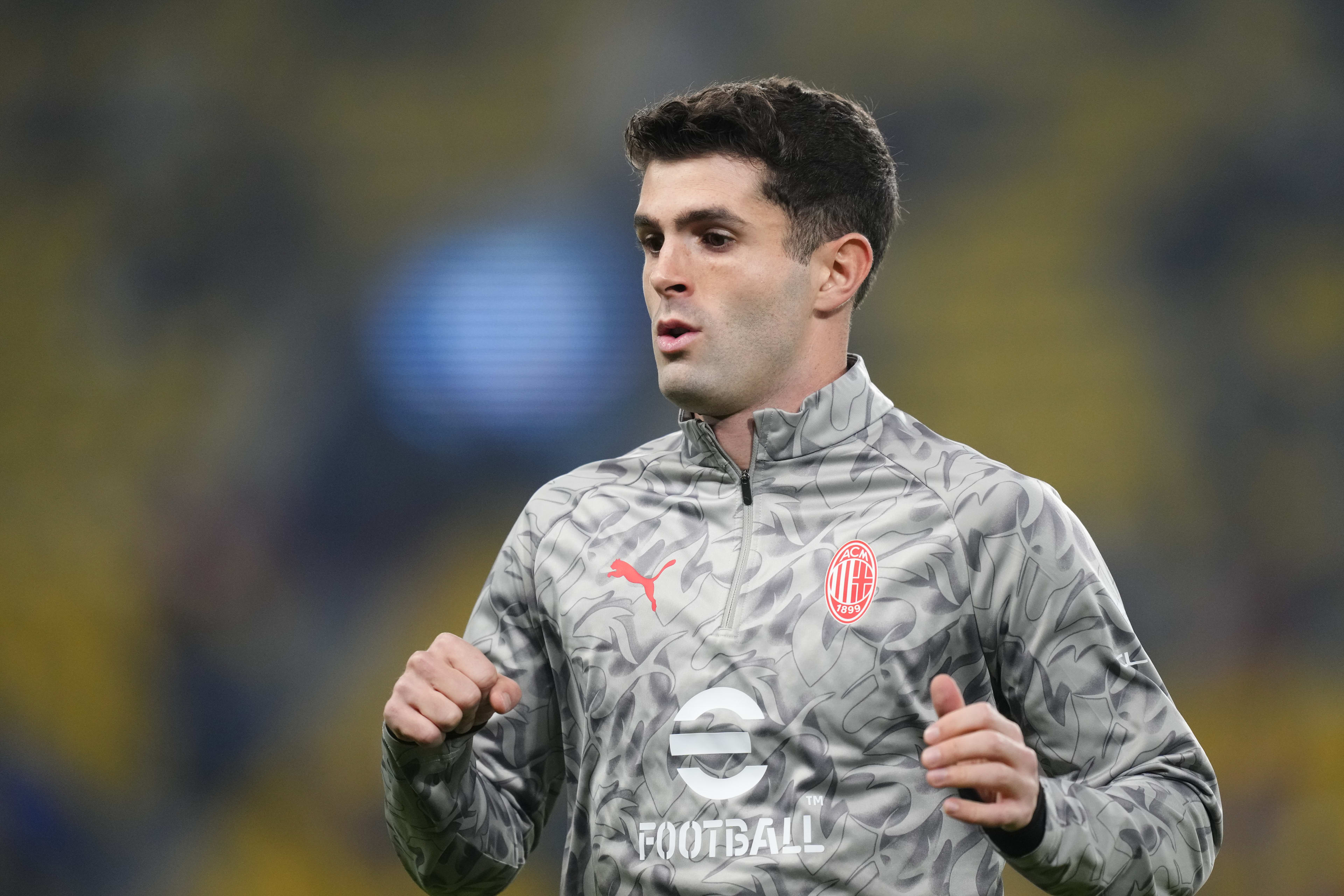 Christian Pulisic, right winger of AC Milan and the United States, during the warm-up before the Supercoppa Italiana semifinal match between SSC Napoli and AC Milan at King Saud University Stadium on December 18, 2025, in Riyadh, Saudi Arabia.