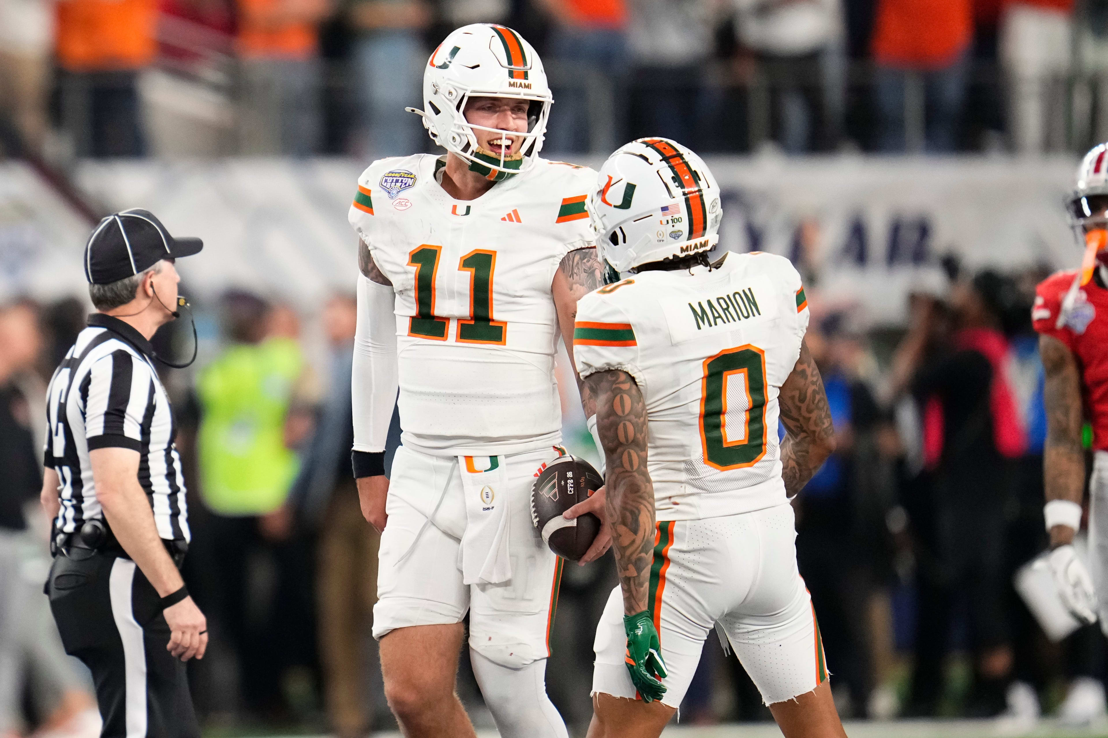 Miami Hurricanes quarterback Carson Beck celebrates in the CFP vs. Ohio State