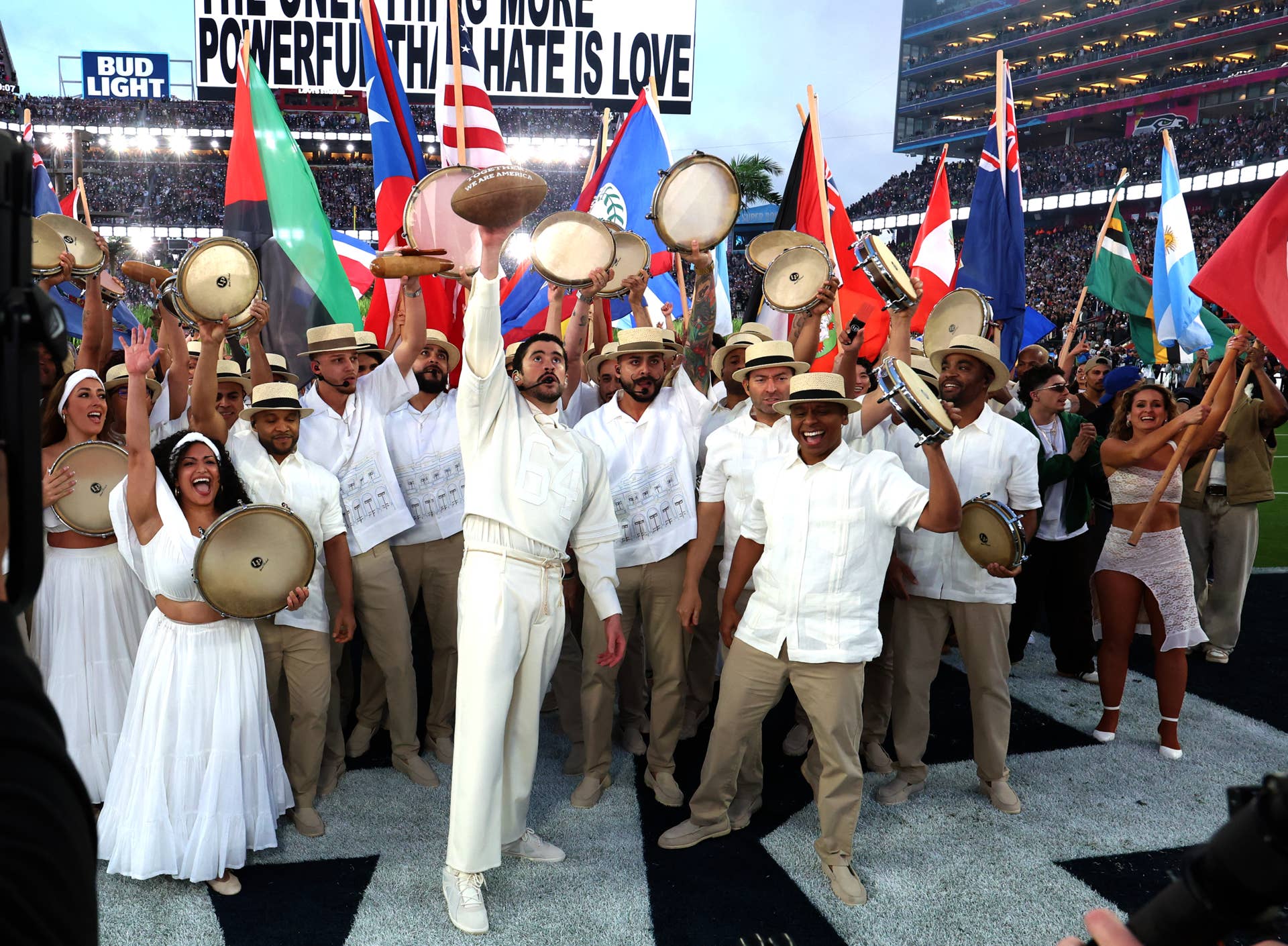 Bad Bunny performs during the Super Bowl LX Halftime Show.