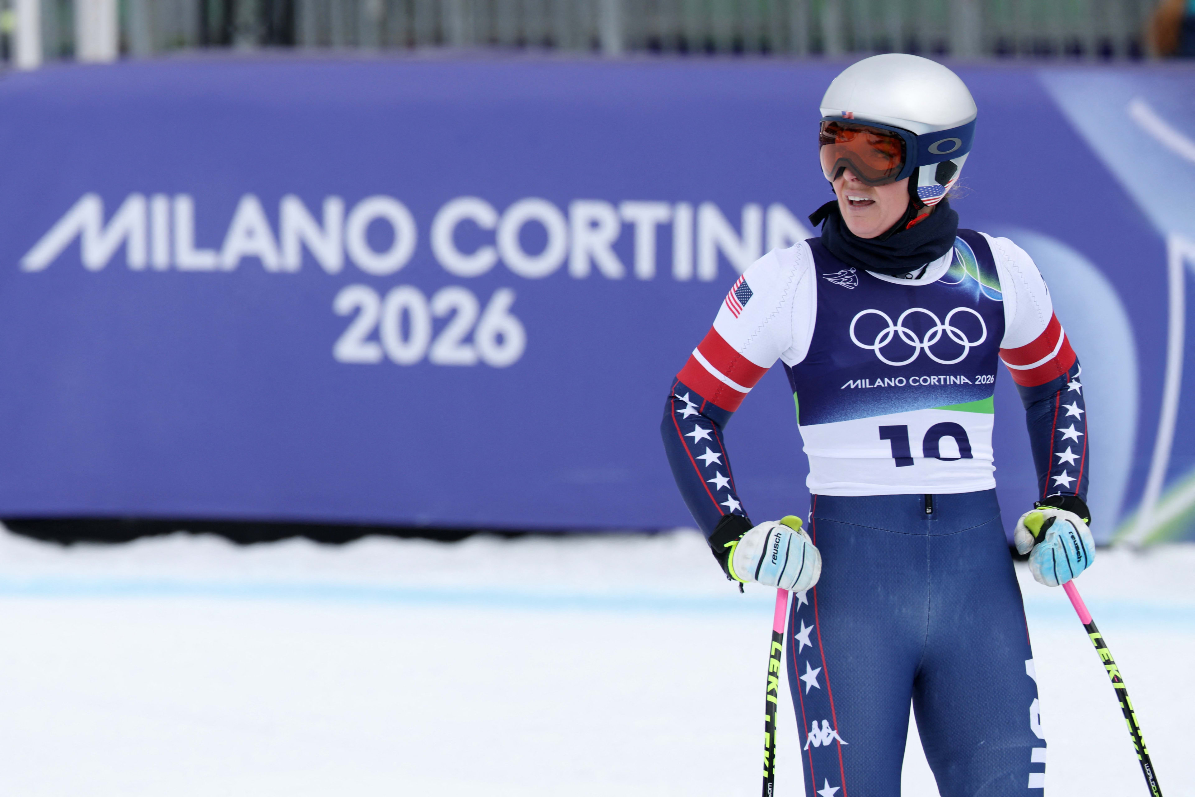 Lindsey Vonn reacts after finishing the downhill even training for Winter Olympics